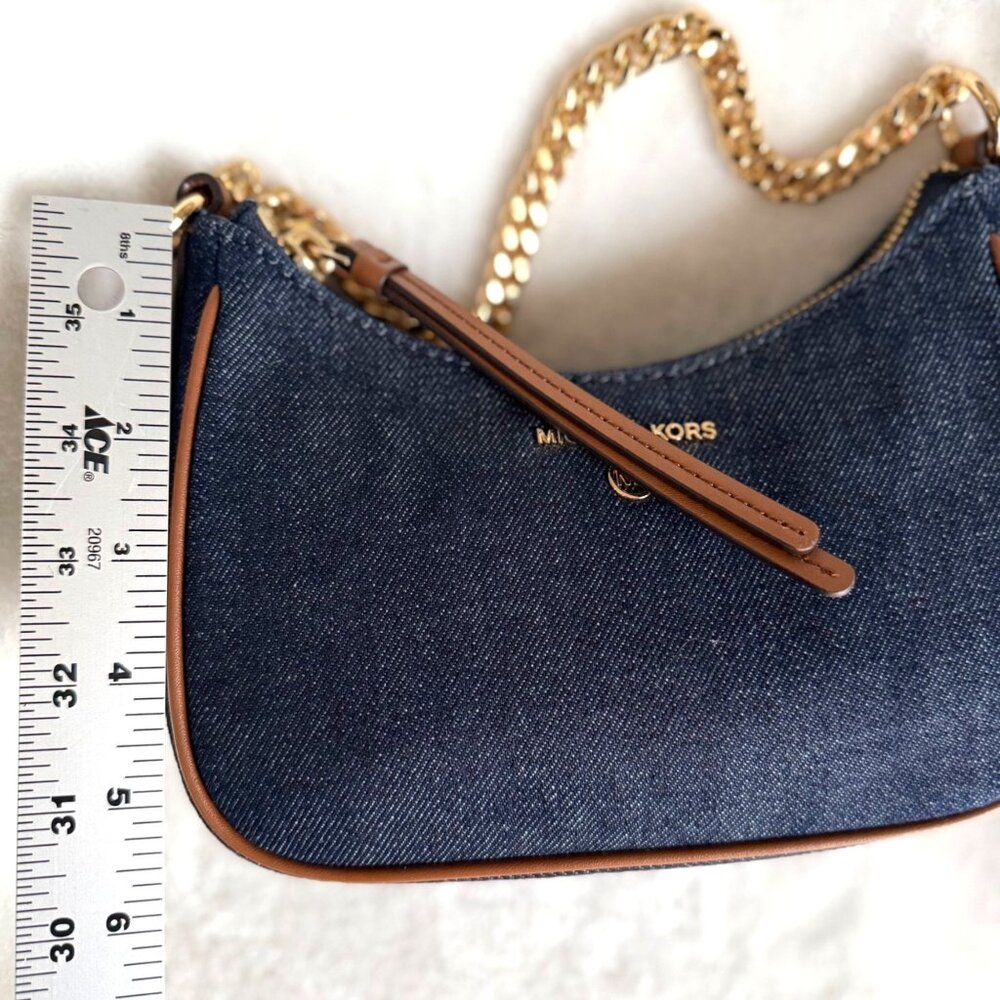 NWT‎ Michael Kors $198 Jet Set Charm Small Denim Pochette handbag gold chain - Picture 8 of 11